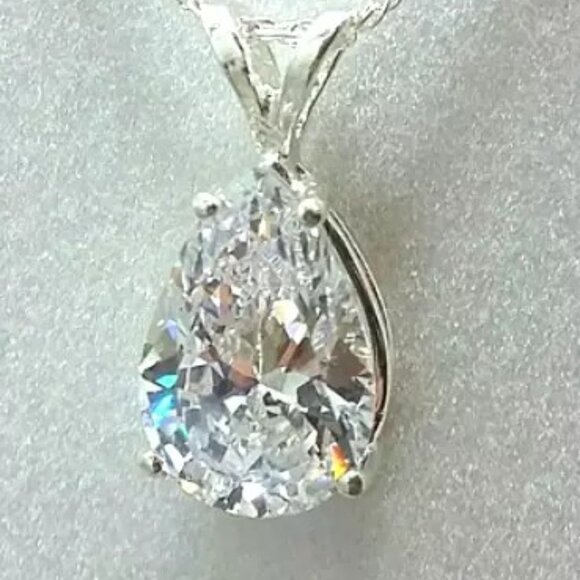 New Womens Diamond Cubic Zirconia Teardrop Necklace Sterling Silver 20" - Picture 1 of 4